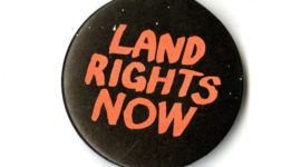A black badge with red text that says LAND RIGHTS NOW.