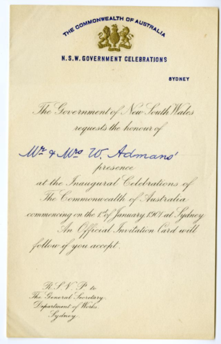 This invitation is approximatley a5 in size, yellow in colour and has both printed and hand written black ink. It has the seal of the commonwealth of australia printed at the top in blue and gold. The invitation is addressed to Admans.