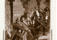 This post card depicts Muriel Matters chaned to the Grille of the House of Commons in London. Muriel is being ushers out by male poltiicans in suits. It is a copy on an illustrated picture and is displayed here in sepia tones.