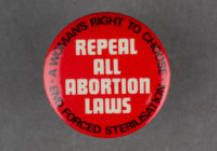 A bright red badge with white text that says Repeal All Abortion Laws in capitals.