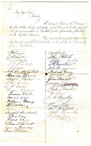 A petition, approximately A4 in size. It is addressed in the top right corner to Henry Ayers with a short statement that follows about why. From one third the way down there is two columns with signatures.