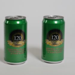 Two green and gold beer cans standing side by side. There is a logo in the centre that reads 125 in celebration of 125 years of the United Trades and Labor Council of SA.